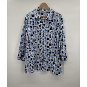 JM Womens 22W 3X Linen Button Down Shirt Geo Print Top 3/4 Sleeve Blouse Coastal